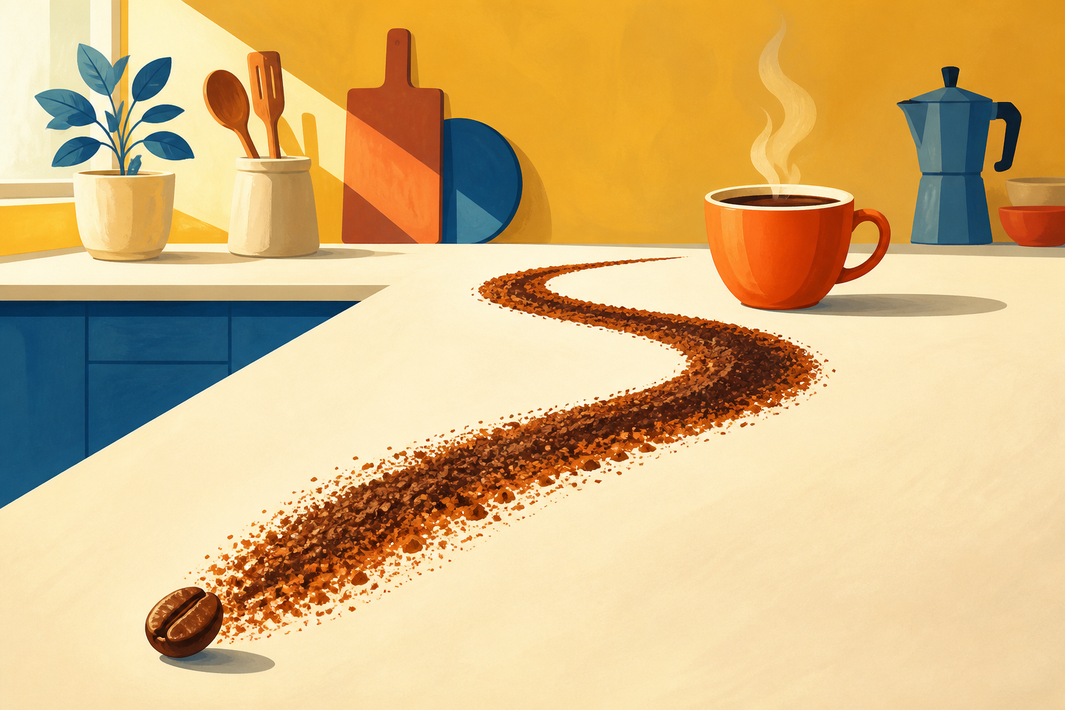 A single coffee bean sits at the start of a long sunlit path leading to a steaming cup on a kitchen counter.