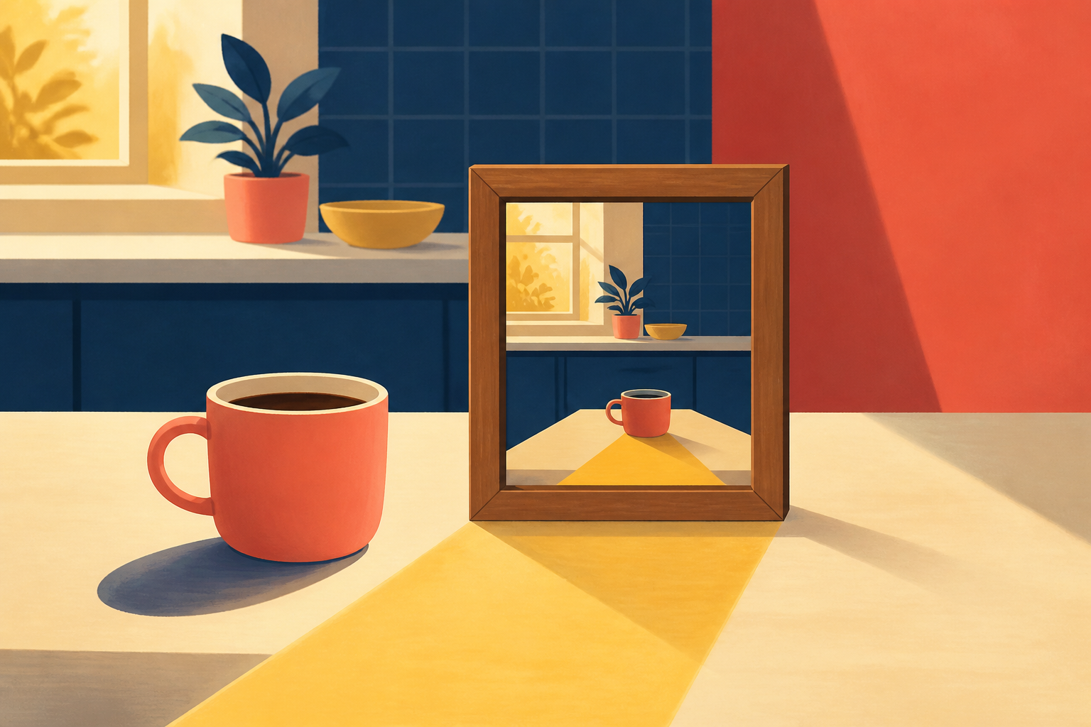 A small framed image of sunlight across a table rests beside a real cup, linked by a bright patch of light.