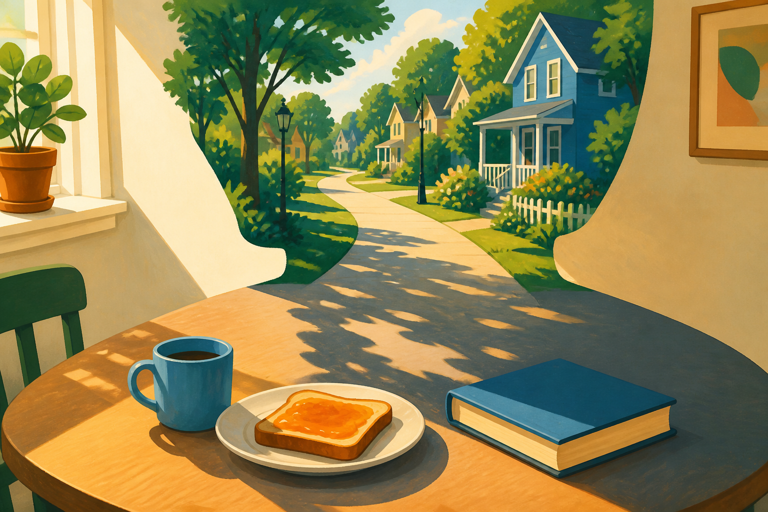 A simple breakfast table with toast, a mug, and a closed book casts a shadow that opens into a broad neighborhood walking path.