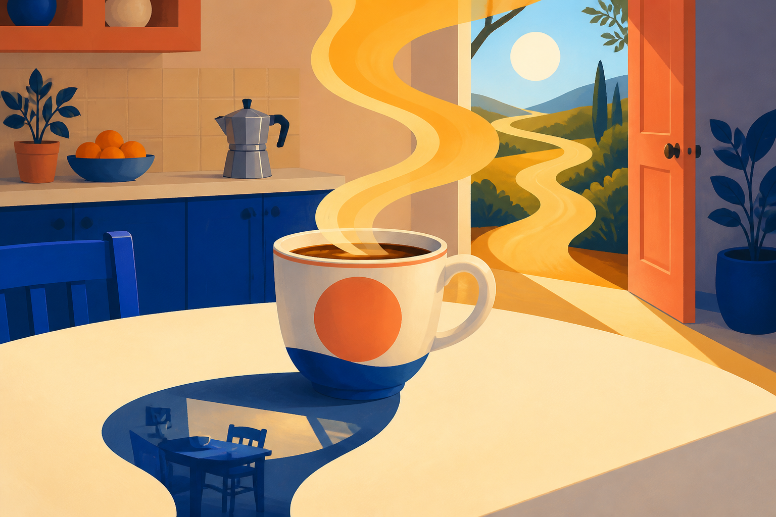 A bright ceramic coffee cup on a kitchen table sends a ribbon of steam toward a sunlit doorway while its shadow echoes the same table in warm light.