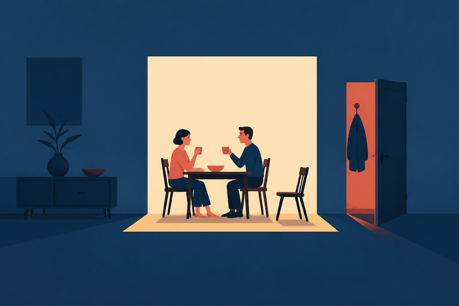 A bright square of light isolates a dinner table with two cups, a pulled-back chair, and a coat by a doorway.