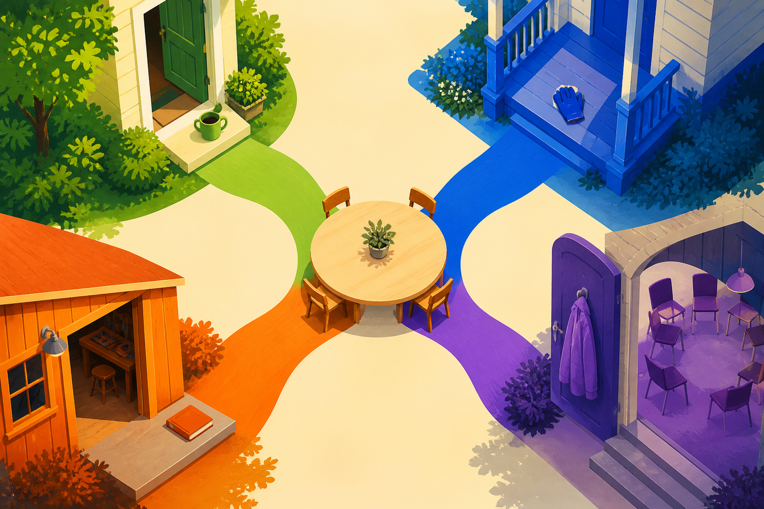 Four colored paths from a home, porch, workshop, and community room converge at a shared table.