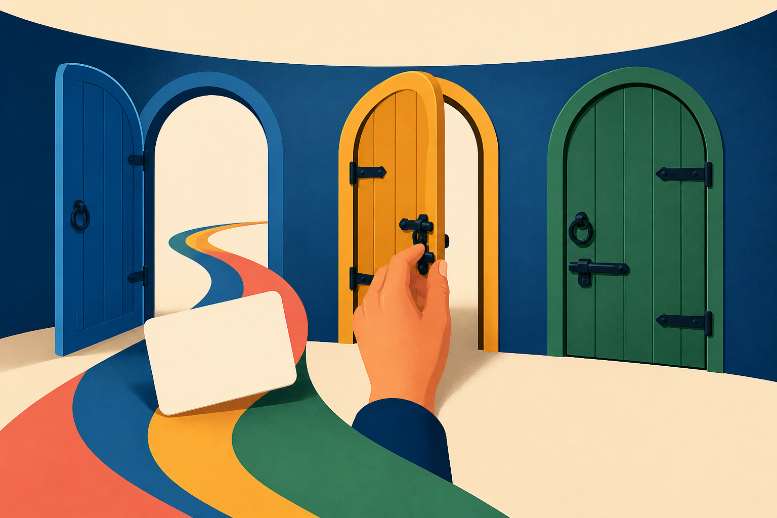 A hand controls three gates as a colored ribbon carrying a blank card approaches them.