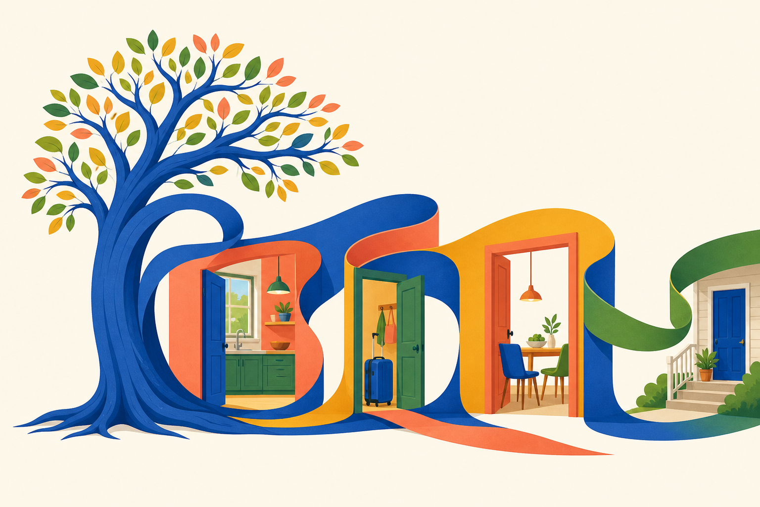 A branching family-tree form opens into colorful doorways showing a kitchen window, a suitcase, two chairs, and a neighboring porch.