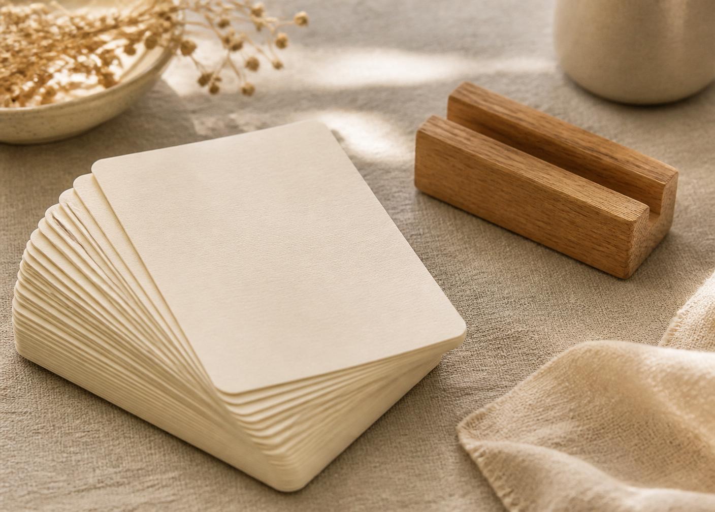 A fanned stack of premium cream cards beside an oak display stand on linen