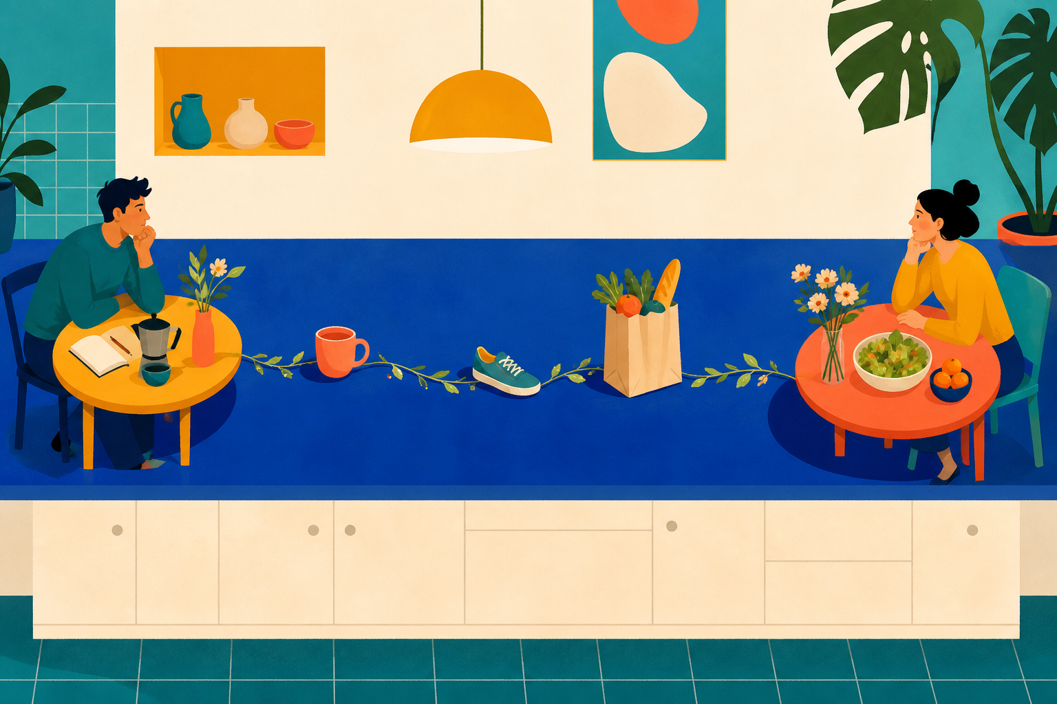 Two kitchen tables connected by a trail of small everyday objects.