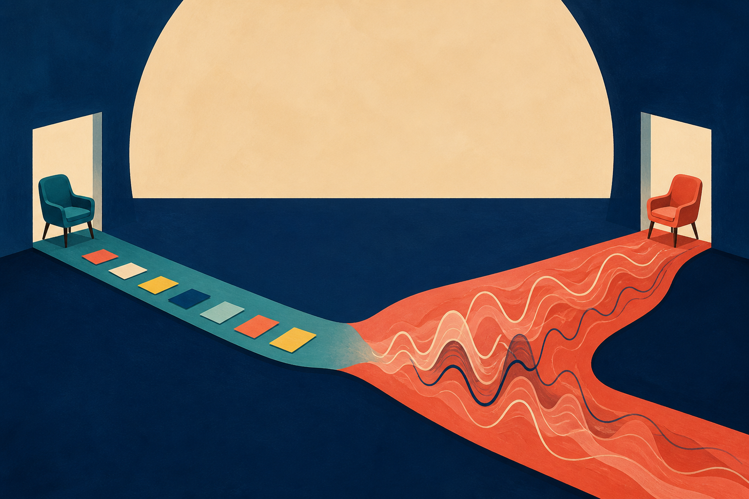Two distant chairs linked by a narrow ribbon of small cards and a wider flowing sound wave.