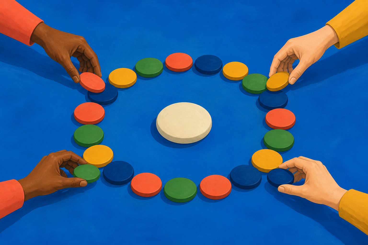 Two pairs of hands place alternating colored stones into a shared circular path.