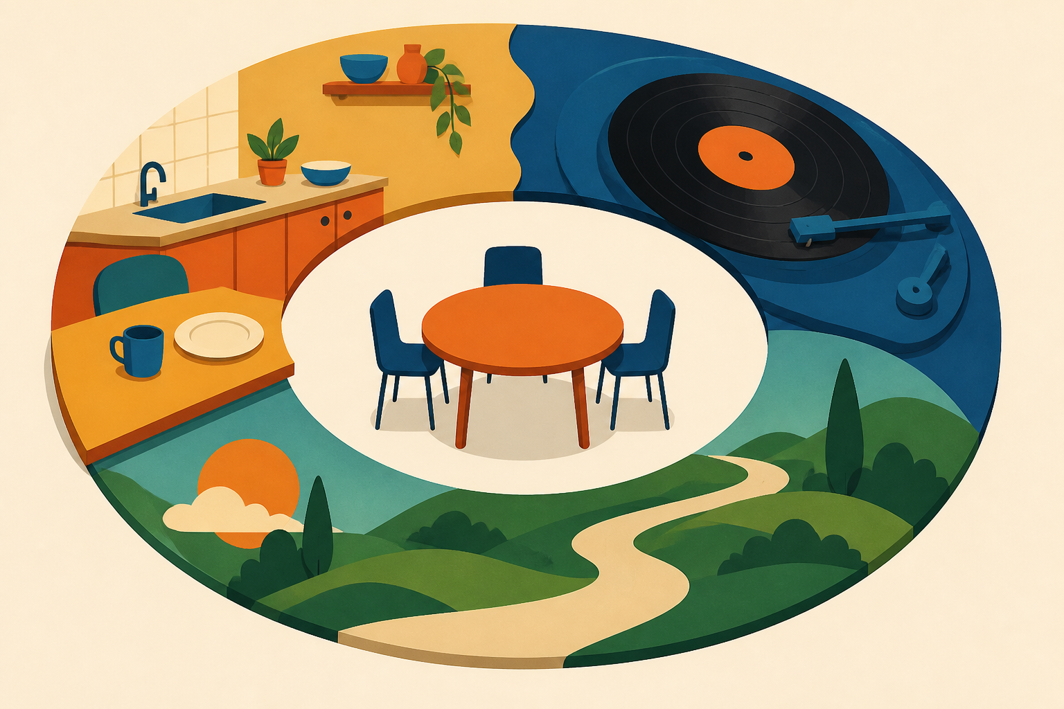 Three colorful scene fragments form a ring around an open circular table.