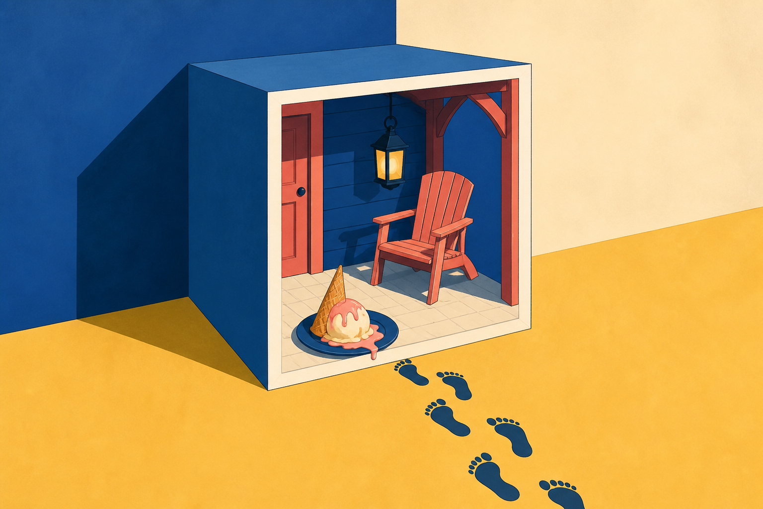A cutaway porch scene with melting ice cream and a lantern opens toward a second set of footprints.