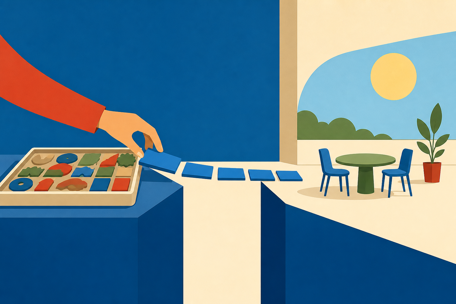 A single bright memory tile becomes the first stepping stone toward a sunlit table with two chairs.