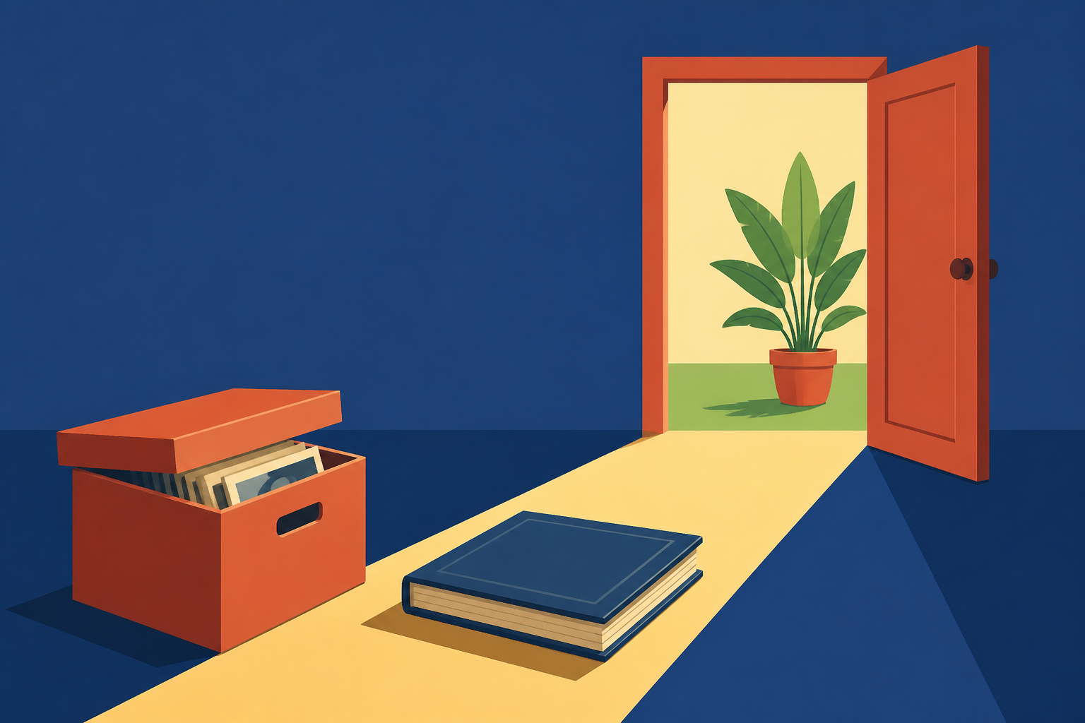 A closed unmarked photo album supports a path from an archive box to an open doorway with a green plant.