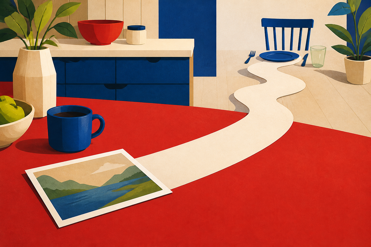 An unmarked old snapshot on a kitchen table extends into a bright path leading toward an open chair and a second place setting.