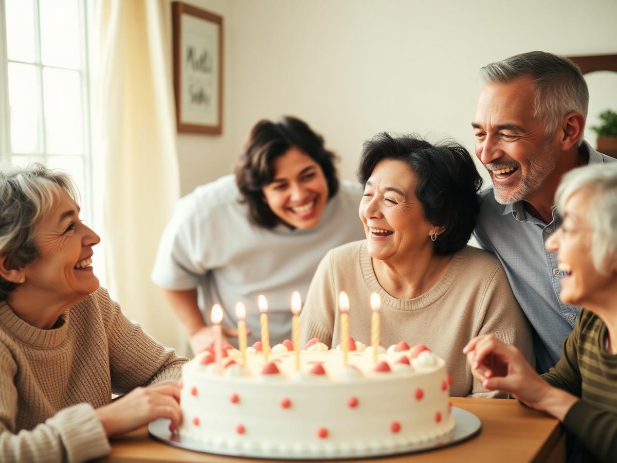 Family laughing together around a birthday cake in a sunlit room