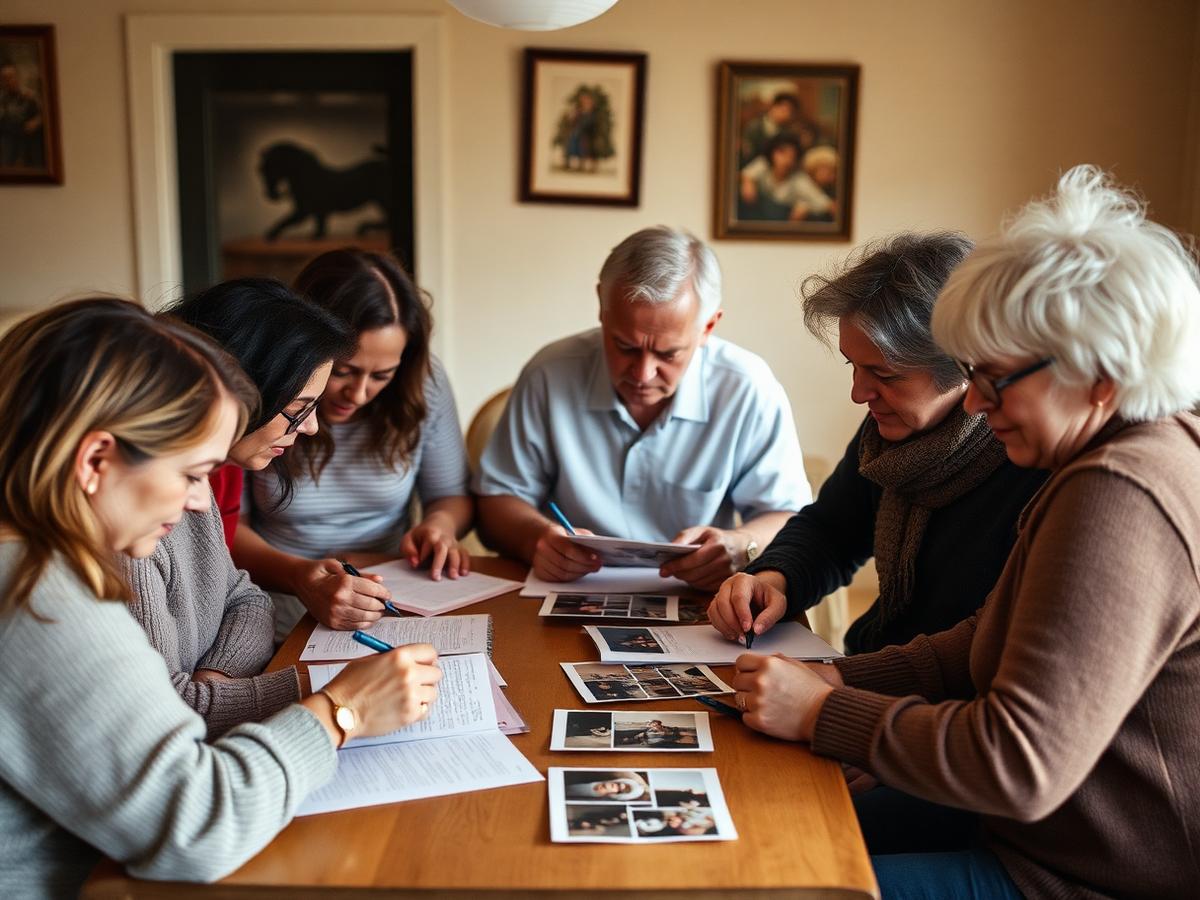 A group of friends around a table writing notes and sorting photographs