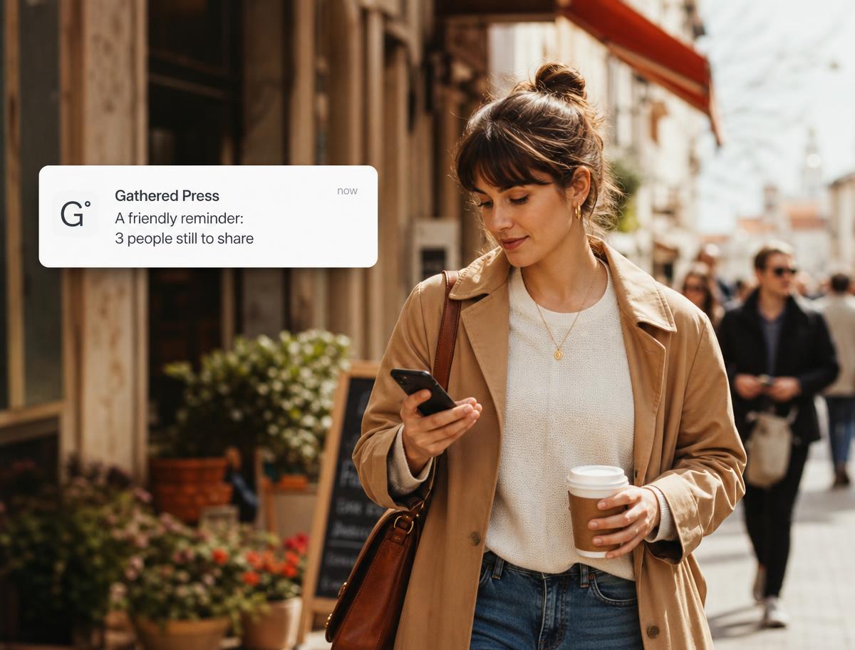 A busy person on the move glancing at a friendly Gathered Press reminder on their phone