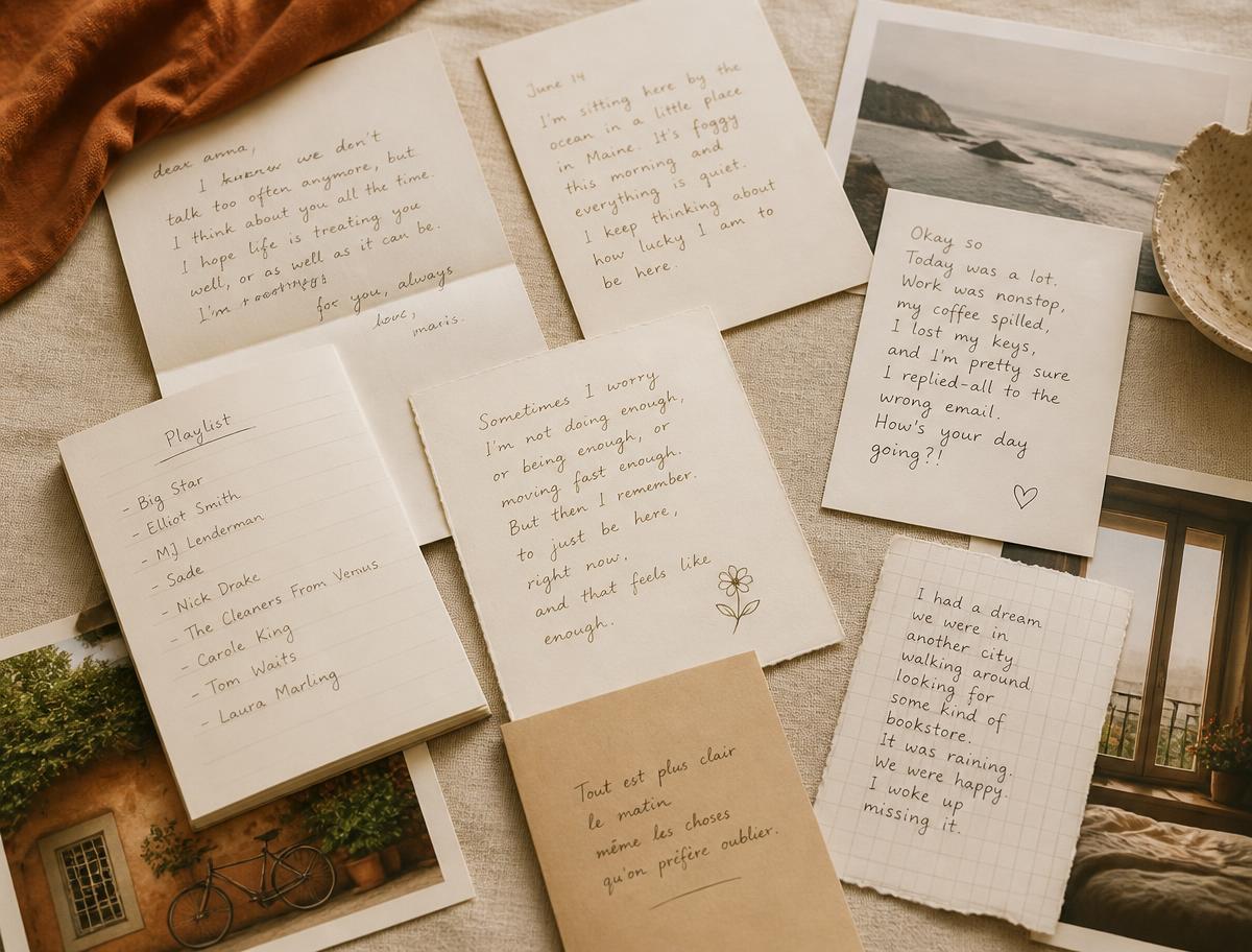 A spread of handwritten notes in several different hands beside printed photographs on linen