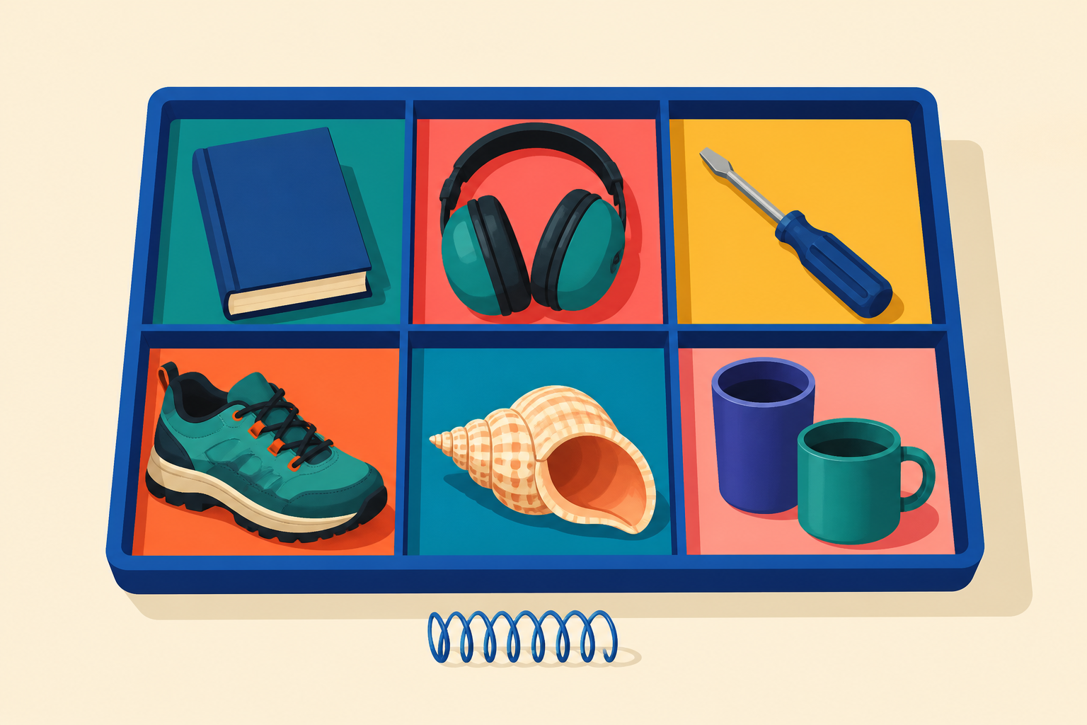 A six-compartment tray holds a closed novel, ear protectors, a hand tool, a walking shoe, a seashell, and two cups, with a spring coil beside it.