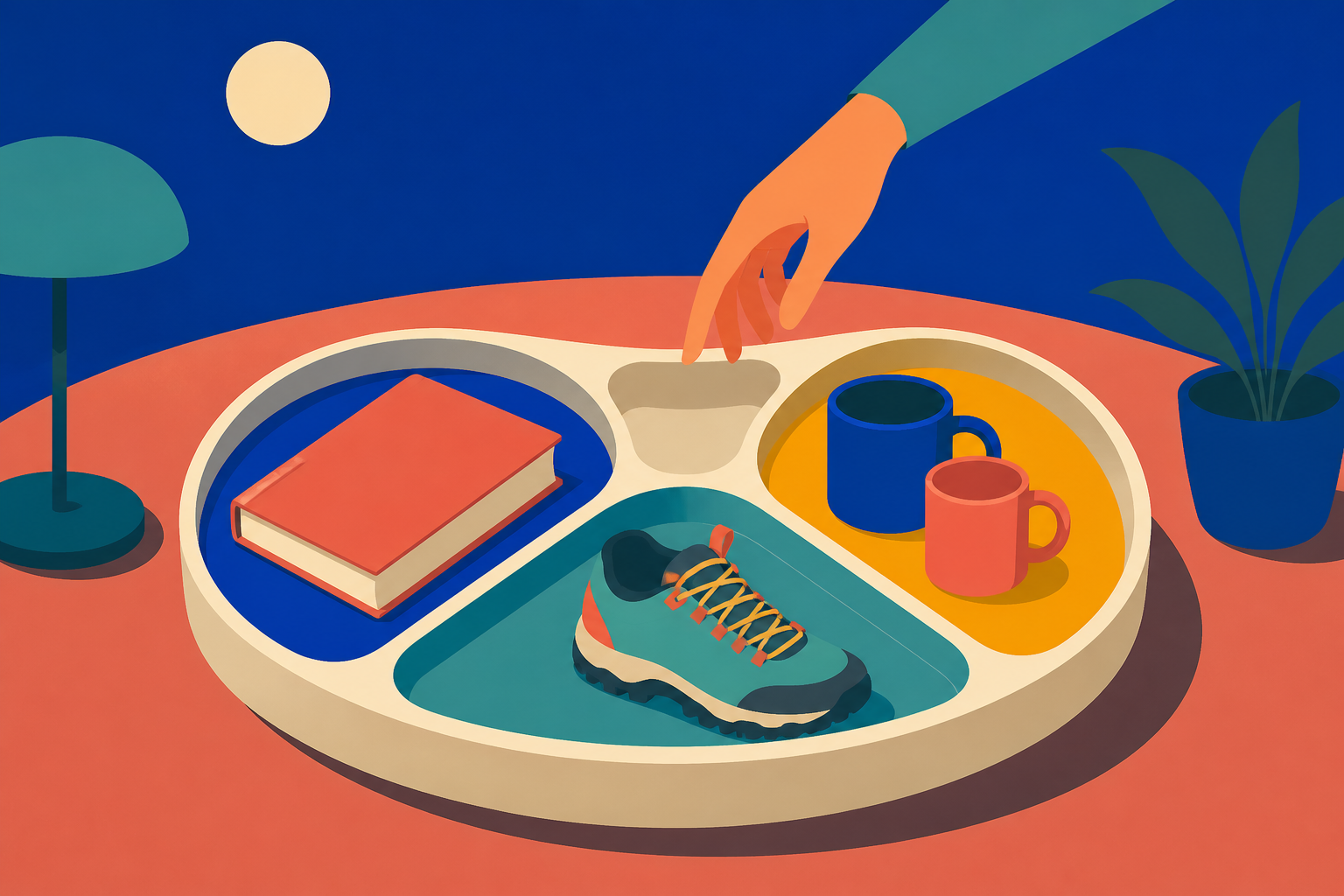 A hand selects one of three objects in a shallow tray: a novel, a walking shoe, and two cups.