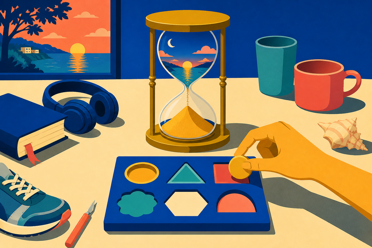 A brass hour token is guided toward one of six differently shaped openings beside a glowing hourglass and everyday leisure objects.