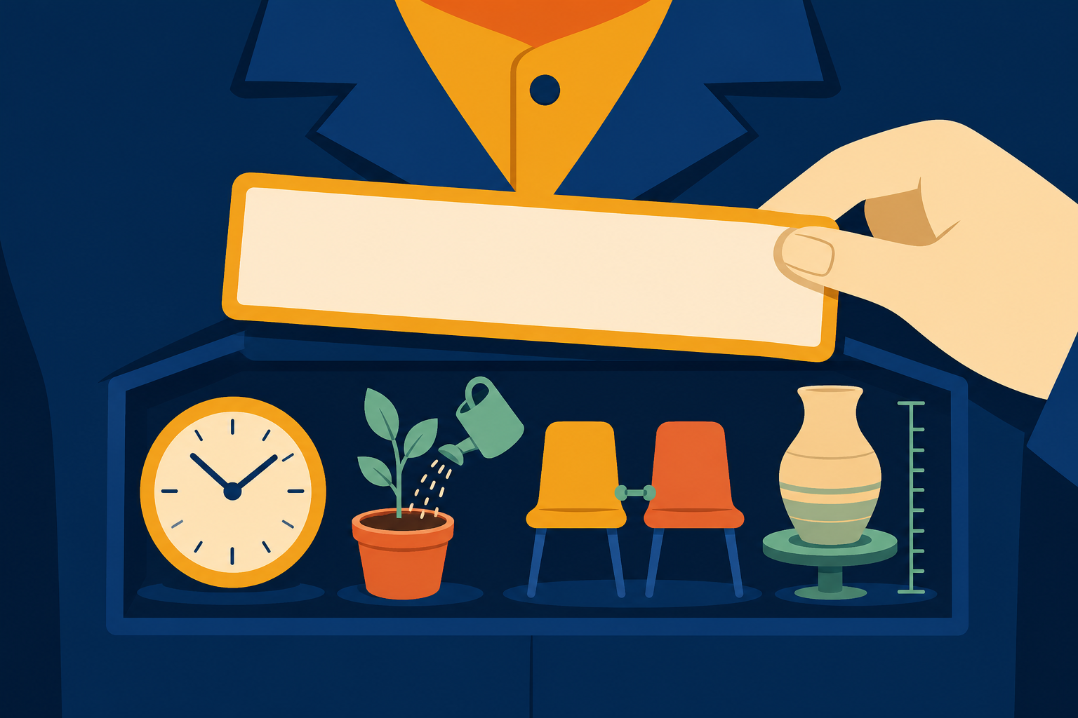 A blank office nameplate lifted above a clock, tended seedling, pair of chairs, and graduated craft piece.