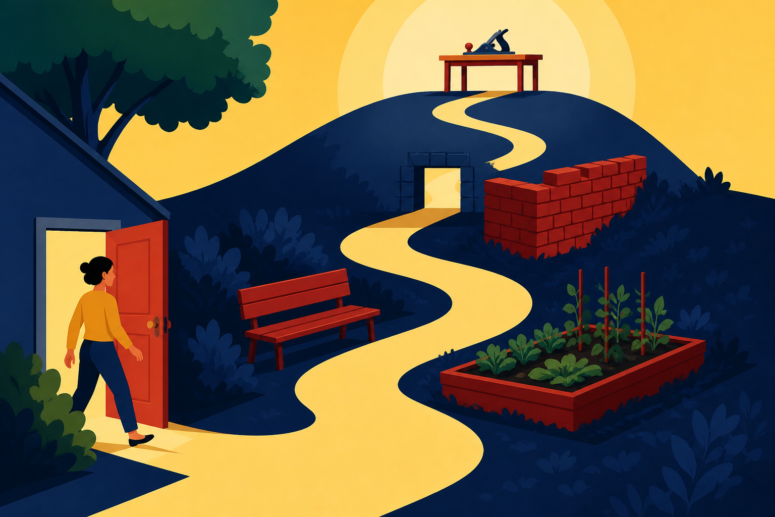 A winding path shaped by a hill, doorway, and low wall leads to a small table with a useful tool.