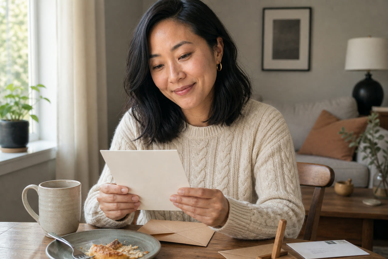 Lisa reading her first Gathered Press weekly card at a breakfast table