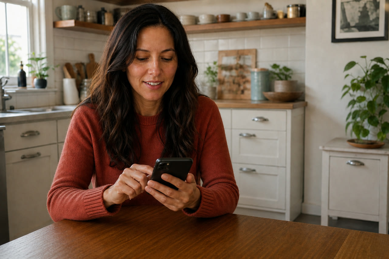 A friend sitting at a kitchen table and writing a message on one smartphone