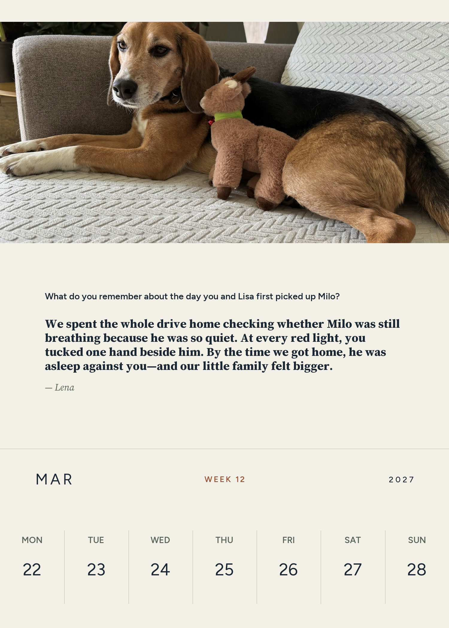 Week 12 card showing Milo the dog and a first-day memory