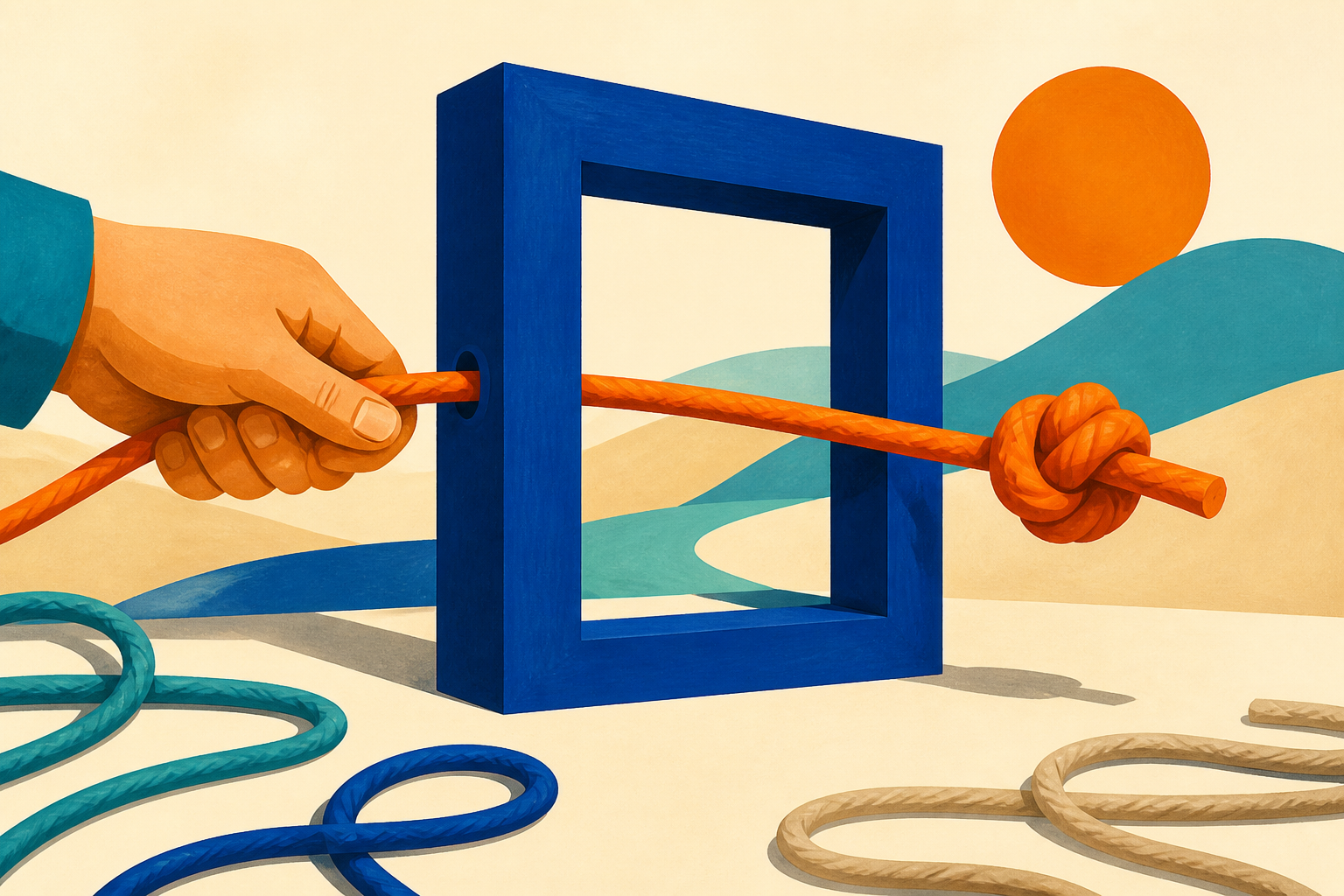 A hand guides one orange cord through a blue frame to a clear stopping knot while other cords remain loose.
