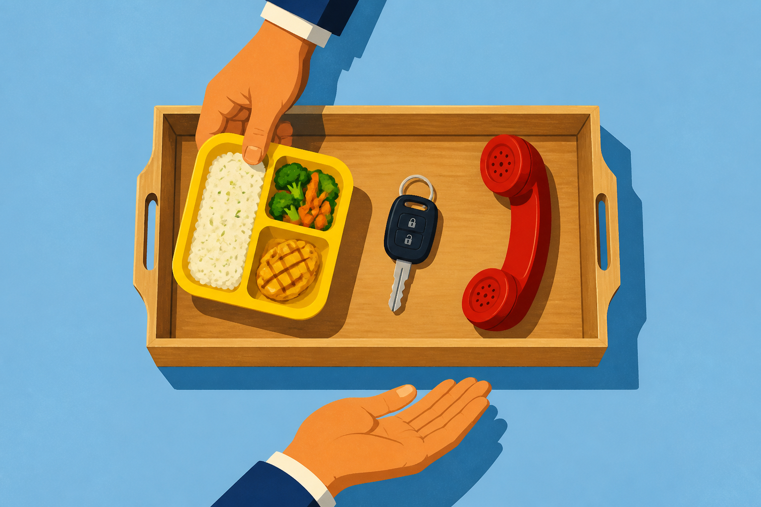 A hand selects a meal container from a tray holding a meal container, car key, and phone handset while another hand waits nearby.