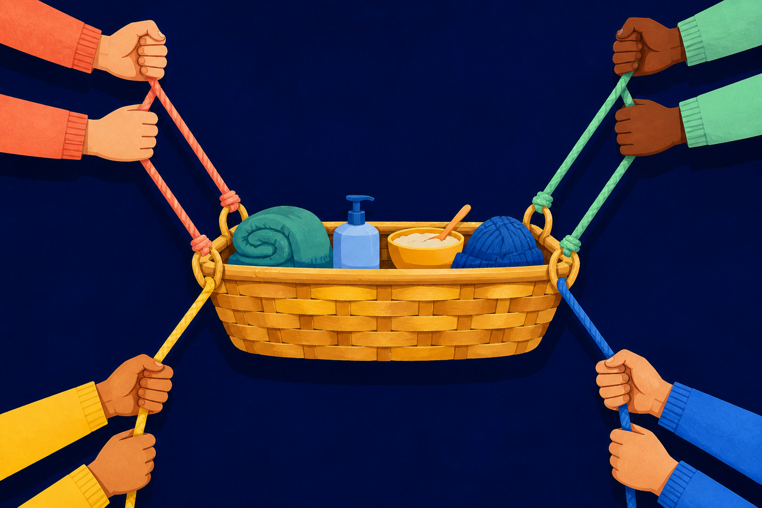 Four pairs of hands hold separate ropes supporting a level woven basket filled with practical objects.