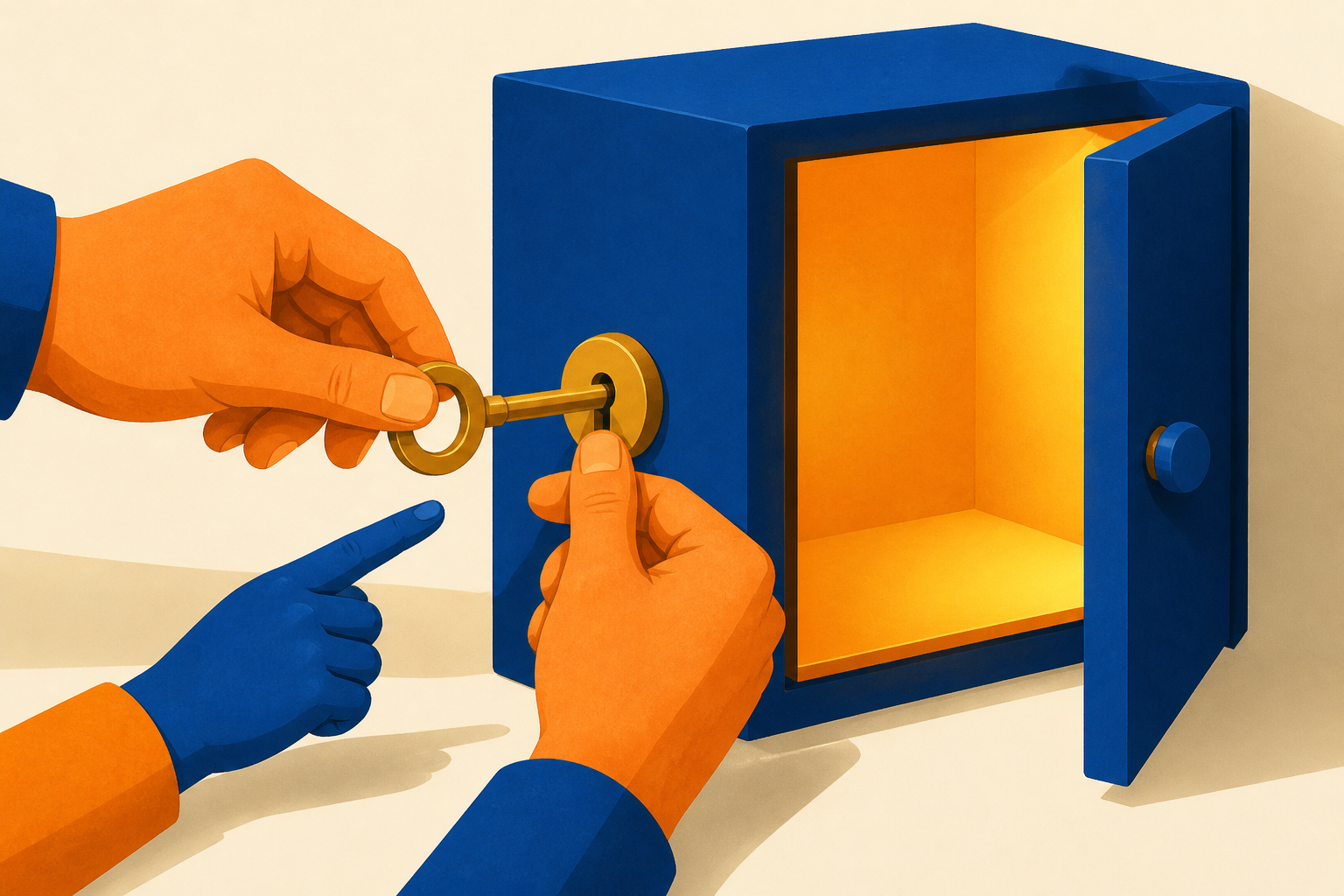 One hand places a key in a lock while another turns it and a small cabinet opens to reveal warm light.