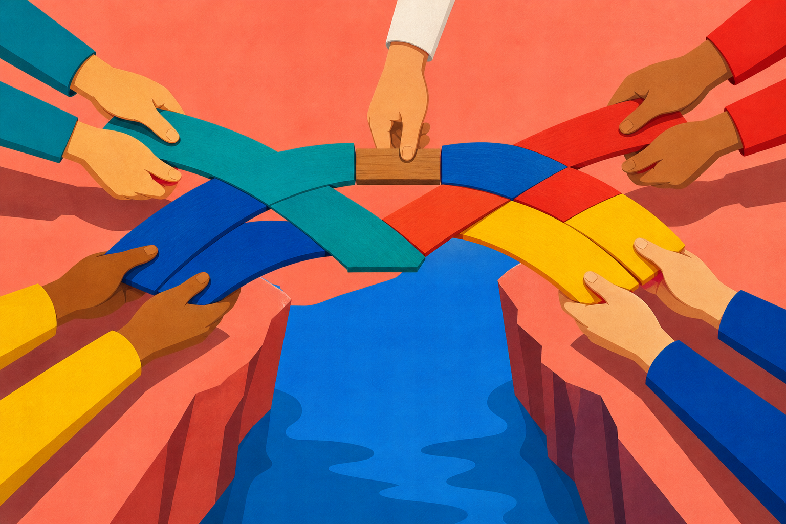 Four pairs of hands carry separate colored bridge pieces toward a gap while another hand fits one piece into place.
